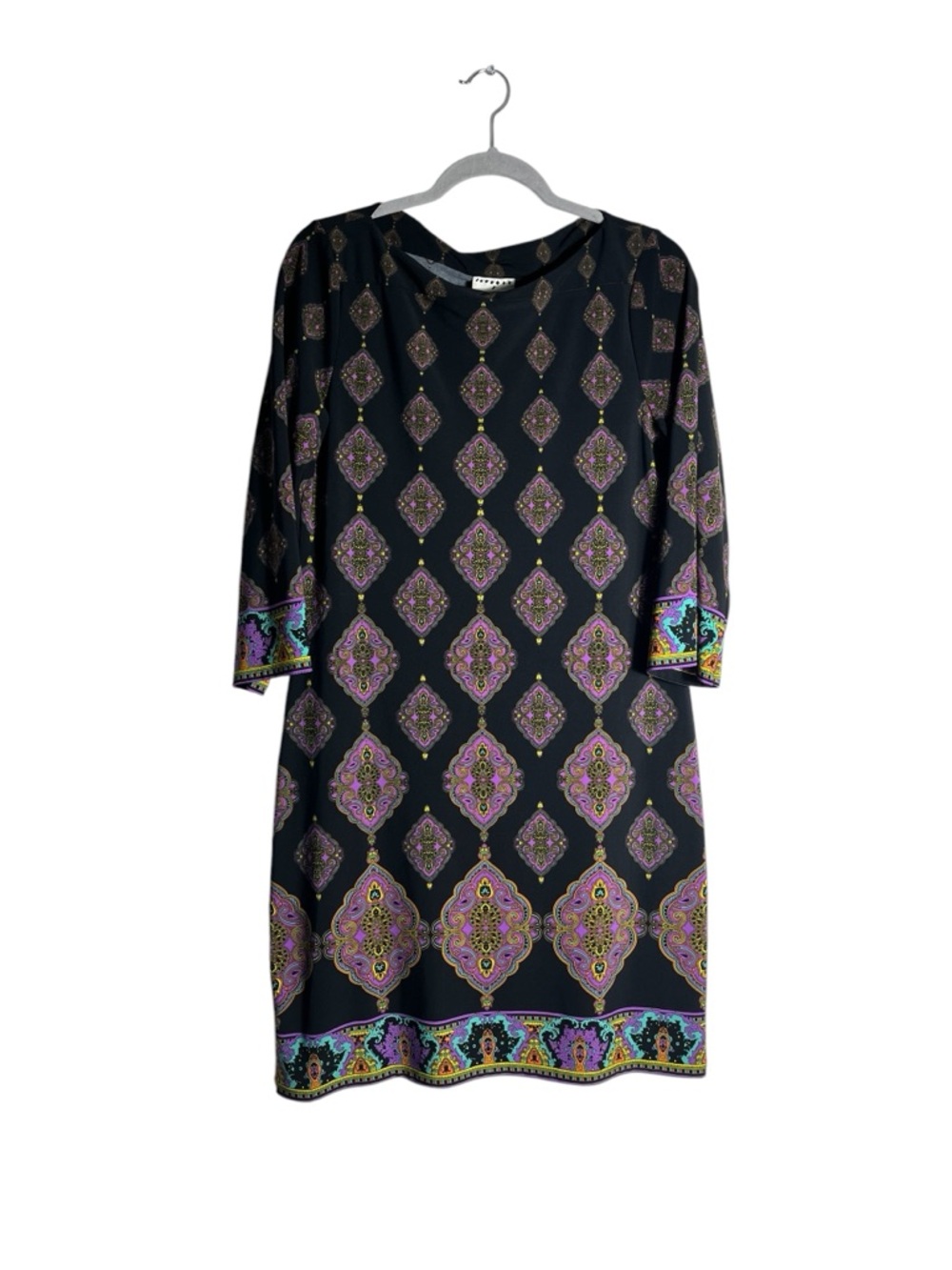 Boho‎ Baroque Print Dress Black Purple Tunic Shift 3/4 Sleeve Size 10